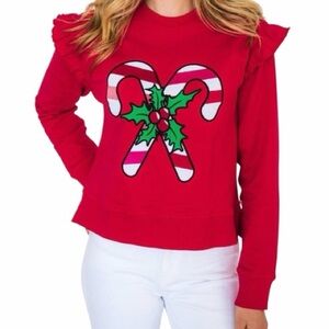 Rufflebutts Medium Red Holly Candy Canes Women's Applique Flutter Sweatshirt